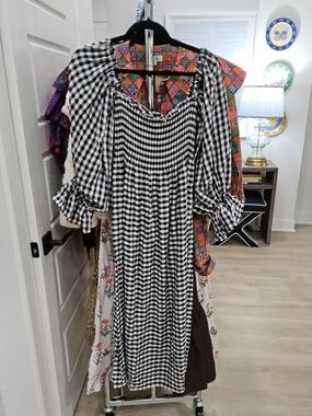 Sleeper Black and White Gingham Puff-Sleeve Midi Dress